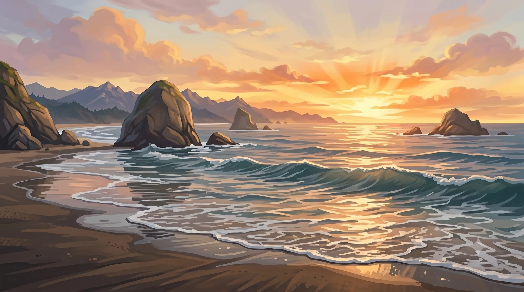 A sunlit coastline at golden hour with sea-stacks and breaking waves — a Valen VR grounding environment