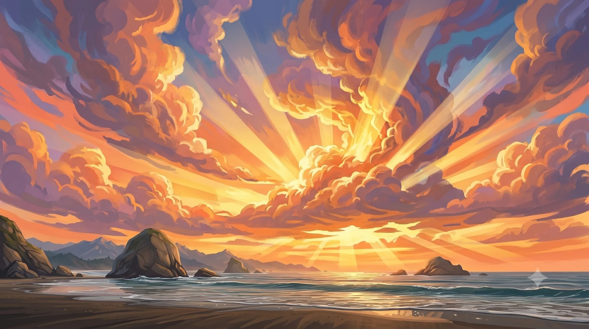 A radiant sunset sky over a calm coastline, open, clear, nothing hidden