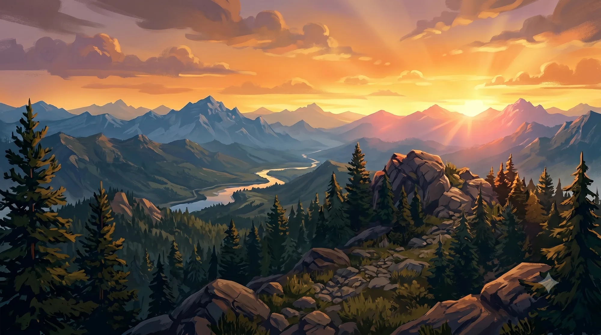 A mountain valley at golden-hour sunset — the world Valen VR recreates